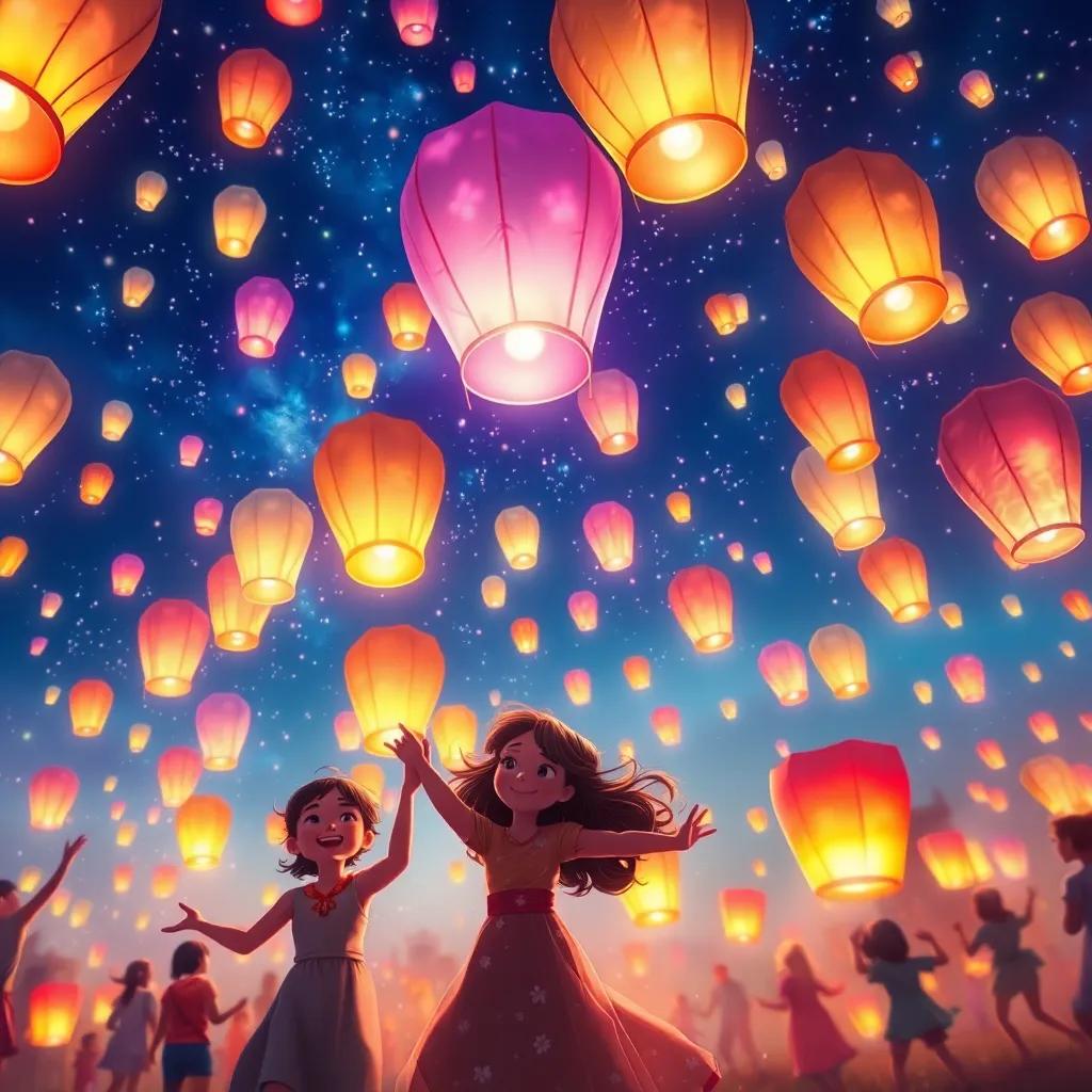 The beautifully illuminated night sky as colorful lanterns soar, dancing among the shimmering lights, children filled with joy and wonder, Mia and Leo among them, digital painting, magical and heartwarming, vibrant visuals, captivating perspective, high quality