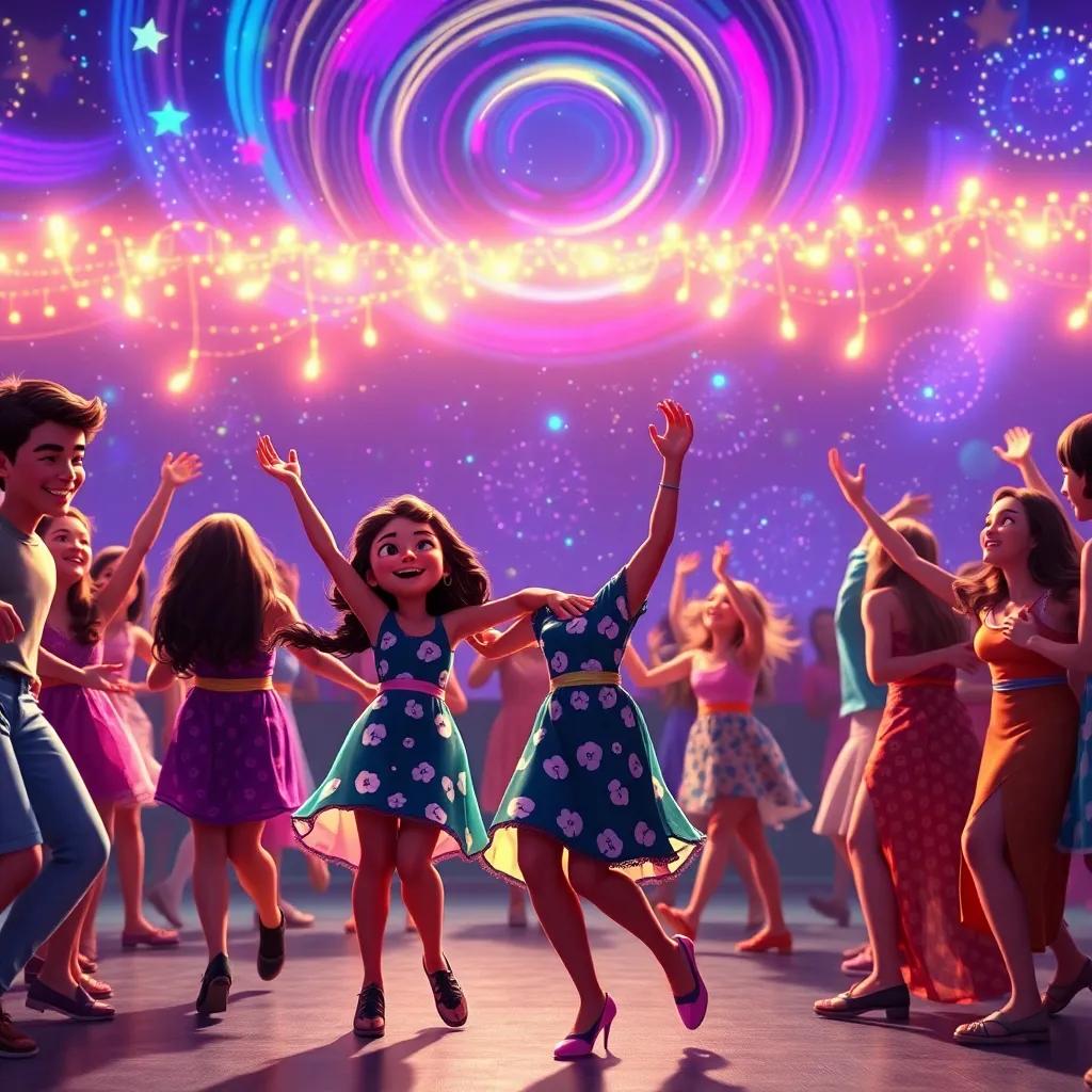 A joyful dance scene under the night sky, where Mia and her friends twirl together as vibrant lights swirl above, everyone laughing and celebrating, digital art, colorful and uplifting energy, bright visuals, engaging perspective, high quality