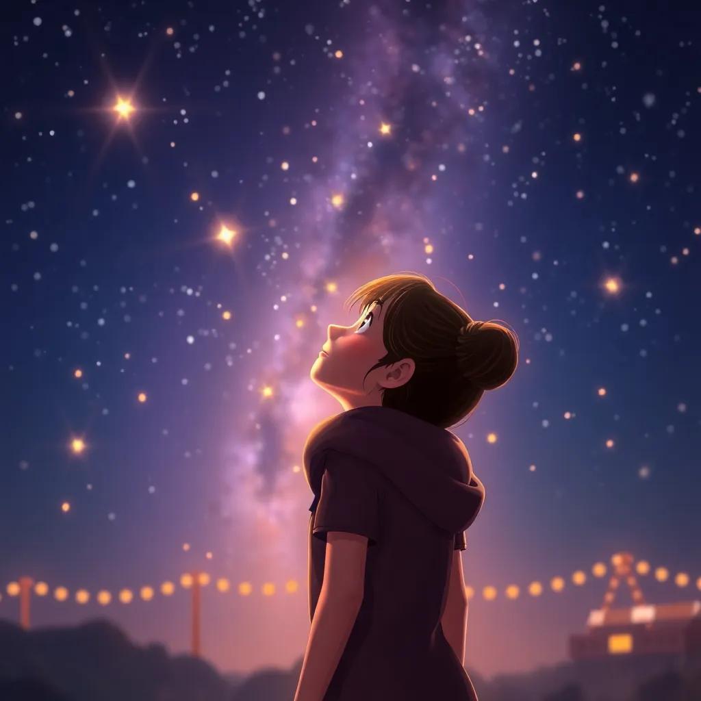 Mia looking up at the twinkling stars after the festival, feeling hopeful and excited for more adventures with friends, calm atmosphere, the night sky filled with twinkling stars, digital painting, warm glow, serene feeling, heartwarming quality, high quality