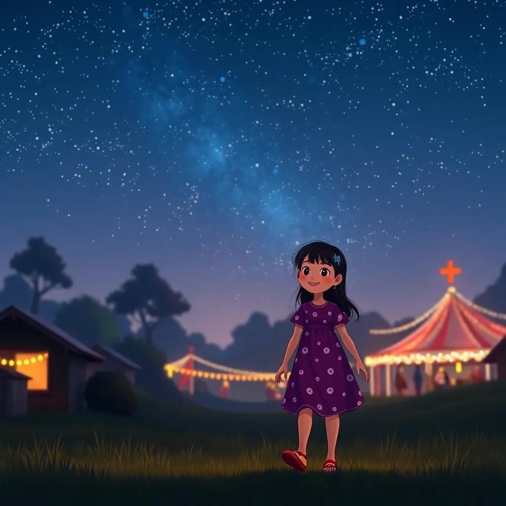 A farewell scene of the festival with Mia walking home under a starry sky, her heart filled with memories of the dancing lights, a hopeful smile on her face, digital painting, serene night, warm lighting, peaceful vibe, high quality