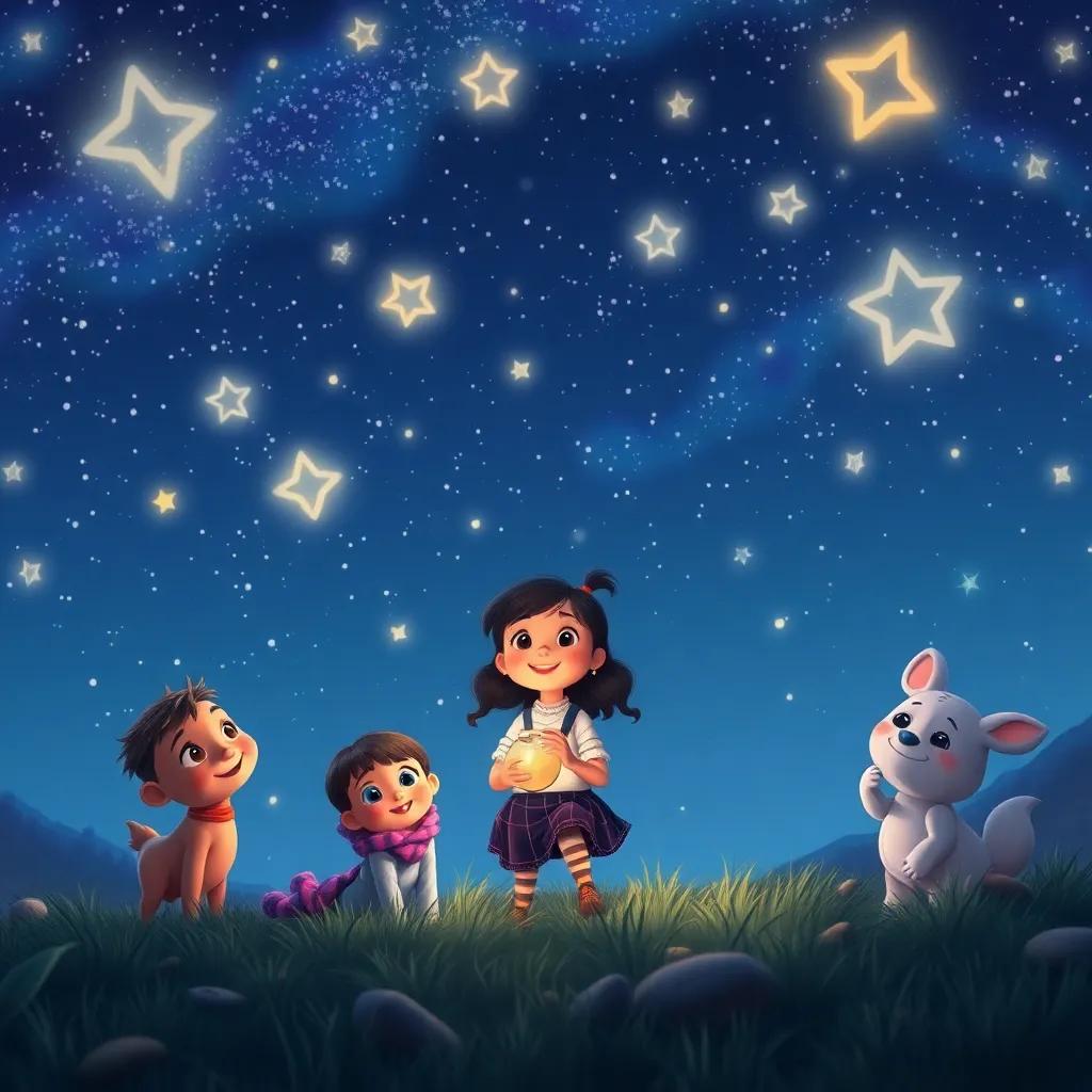 A magical night with Mia and her friends having an adventure under twinkling stars, full of imagination and friendship, digital art, dreamy visuals, cozy atmosphere, high quality