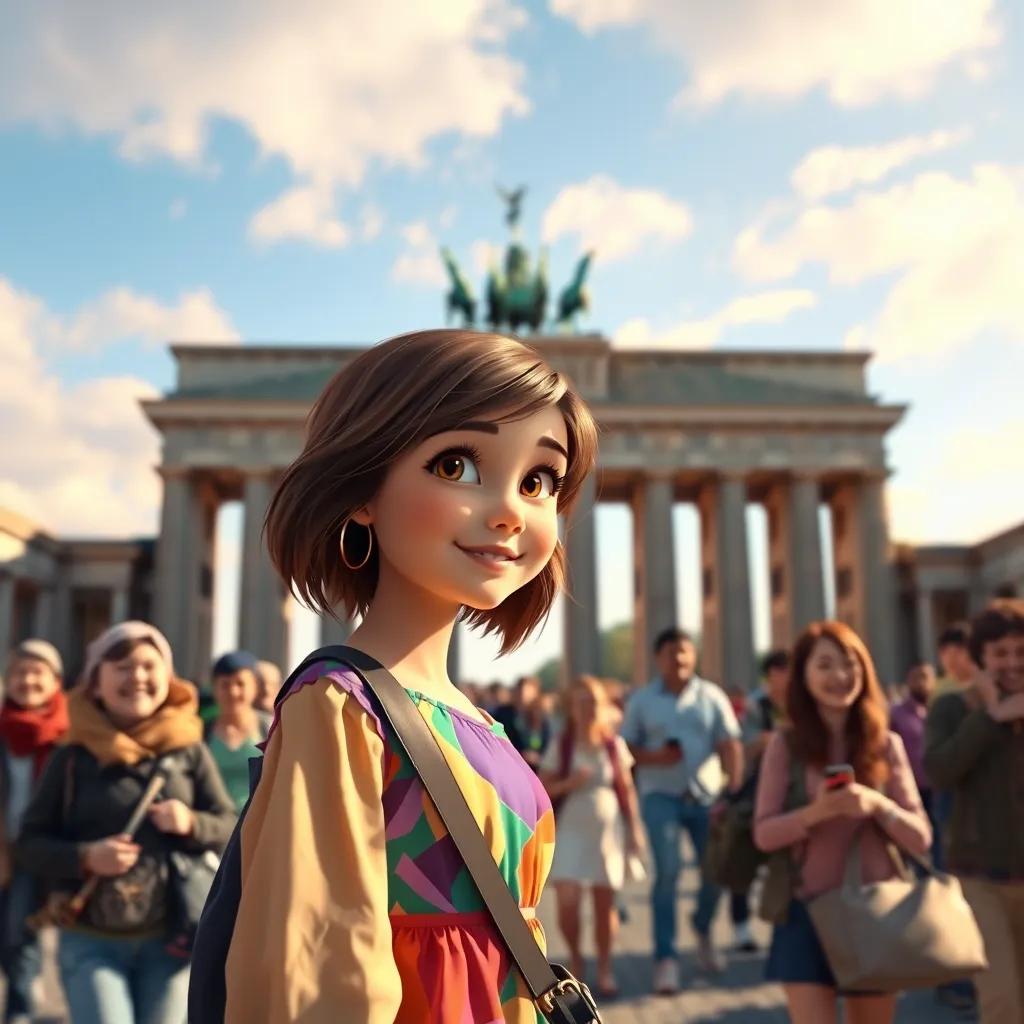 A young girl, Mia, with brown hair, wearing a colorful dress, standing in front of the Brandenburg Gate in Berlin, with many tourists around, capturing smiles and excitement, vibrant digital painting, lively atmosphere
