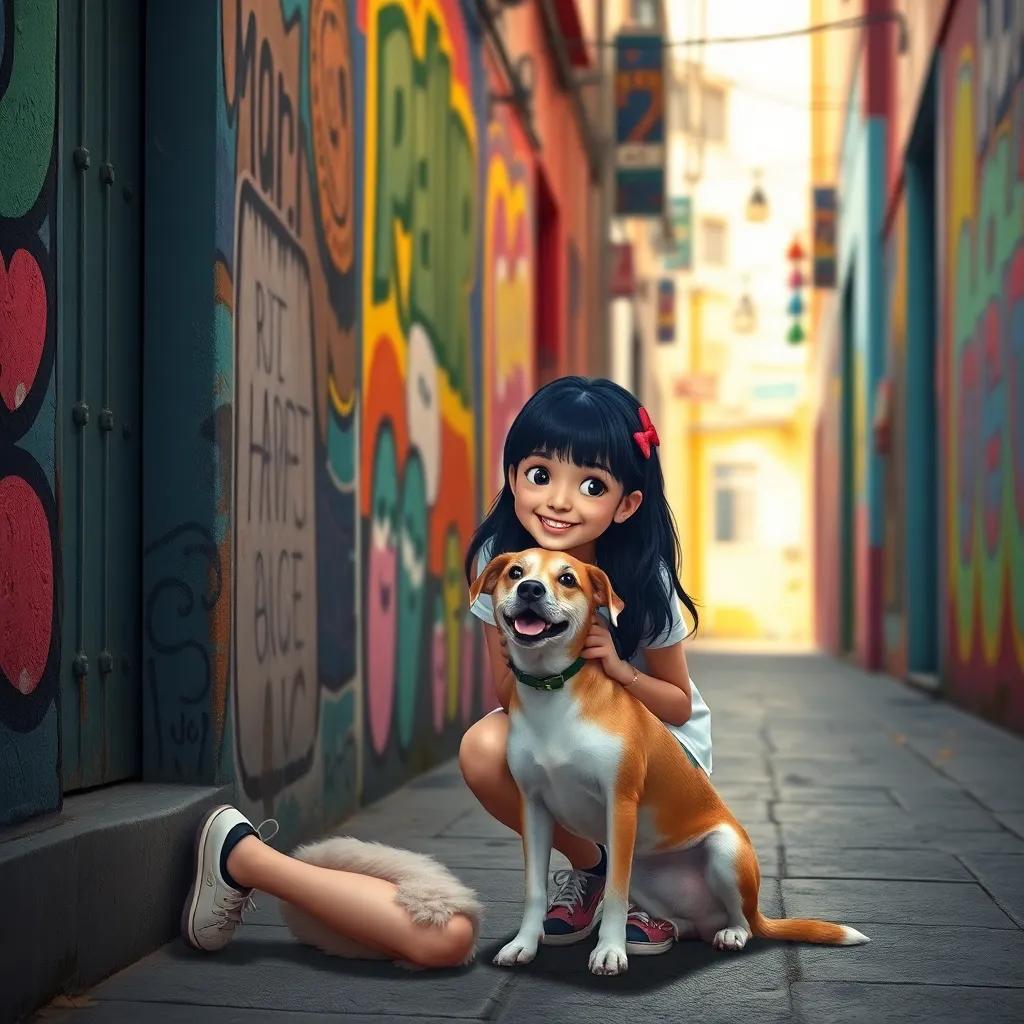 Mia, a cheerful 17-year-old girl, kneeling down and petting a friendly stray dog in a colorful alley filled with murals, warm light, playful scene, detailed digital art