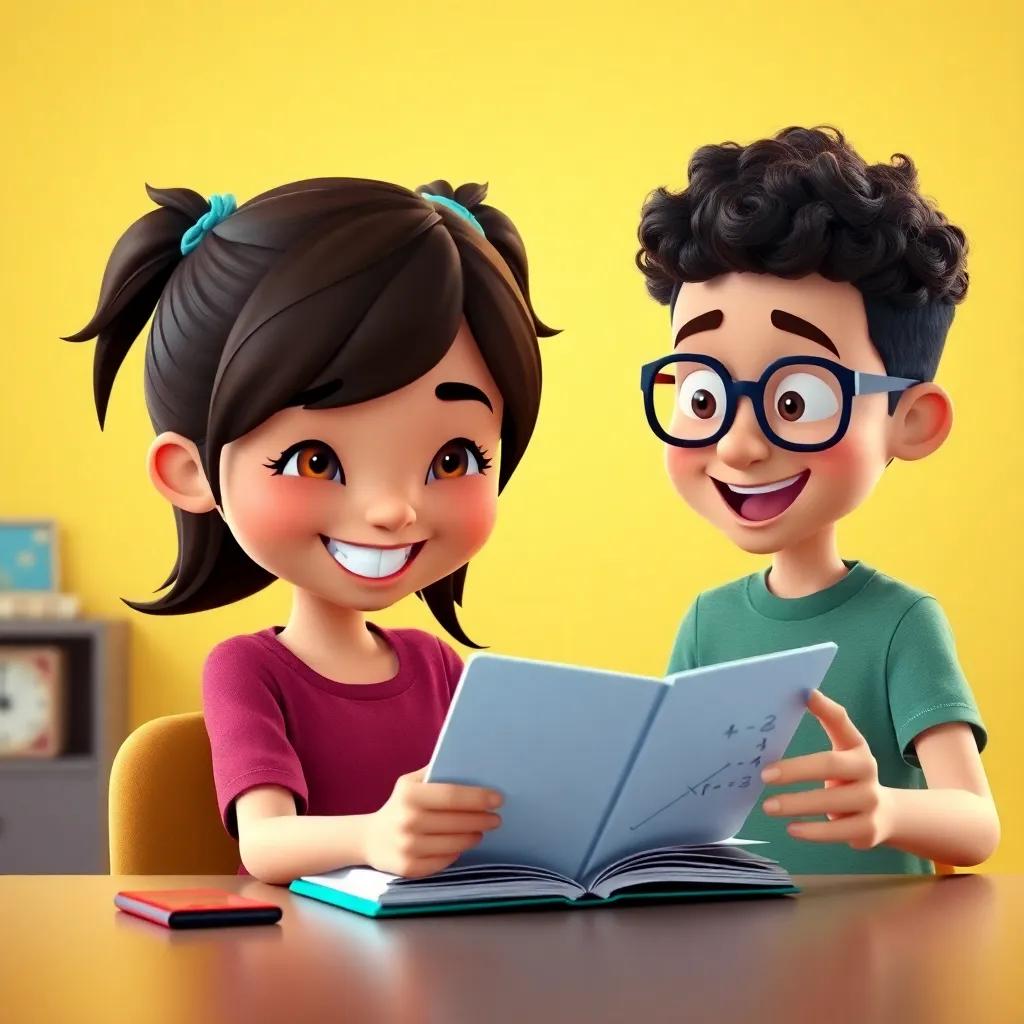 A young cartoon girl, Mia, with medium-length dark brown hair tied in two ponytails, smiling brightly at her math notebook, as her best friend Leo, a cheerful boy with curly hair and glasses, shows her a math step with excitement, 3D animation, cartoon style, vibrant colors, joyful atmosphere, high quality