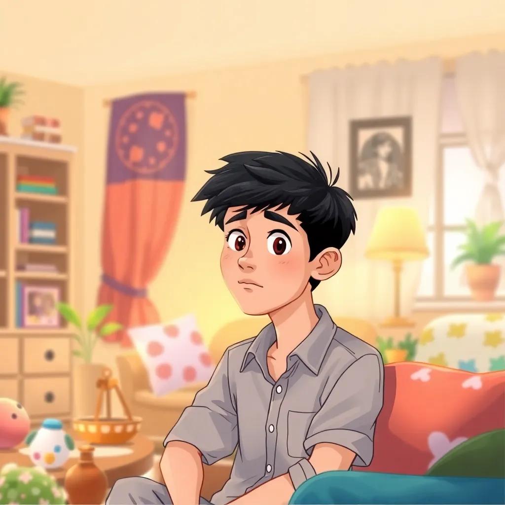 A young man, Michael, with short black hair wearing a casual shirt, sitting in a cozy living room with a puzzled expression, colorful decorations around, child-friendly, warm atmosphere, inviting light