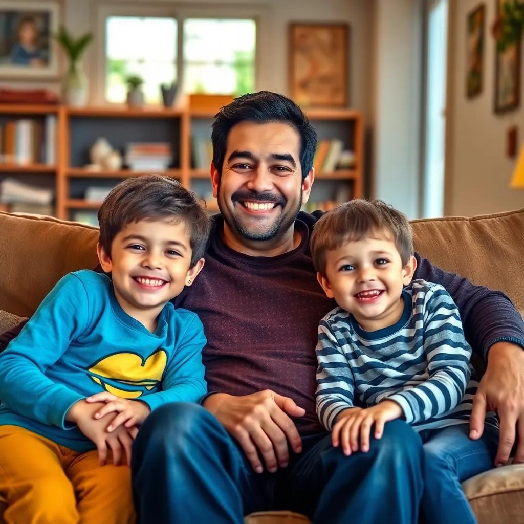 A loving father, Miguel, smiling with a warm expression, sitting on a cozy couch surrounded by three cheerful children, colorful living room, warm light, child-friendly, joyful atmosphere, high quality