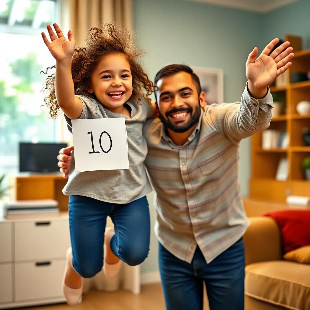 A joyful little girl, Valesska, with curly hair, jumping with excitement, holding a paper that says '10' on it, celebrating her success with her father Miguel, indoor scene, bright and vibrant colors, cheerful, family-happiness, high quality