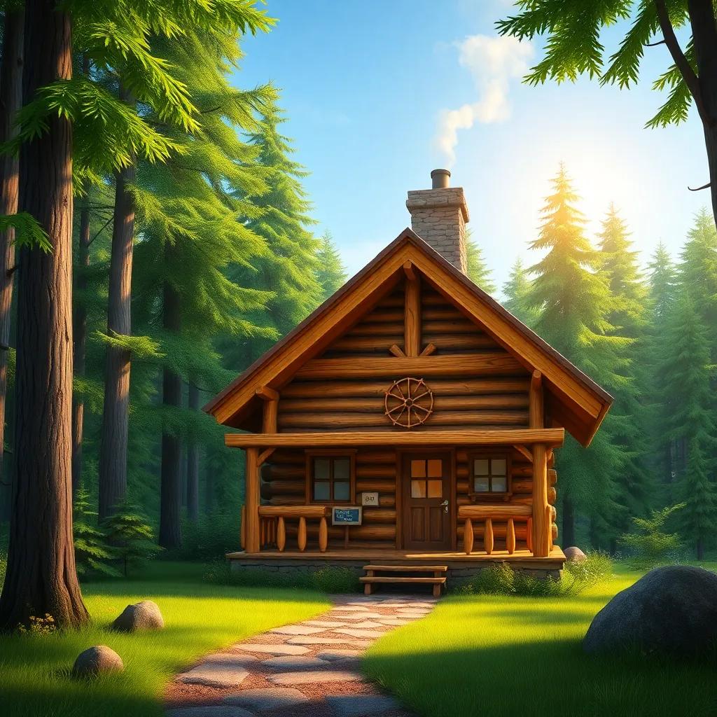 A cozy wooden cabin in the woods, with smoke rising from the chimney and a verdant forest surrounding it, sun peeking through the trees, cheerful atmosphere, digital art, bright colors, inviting scene, high quality