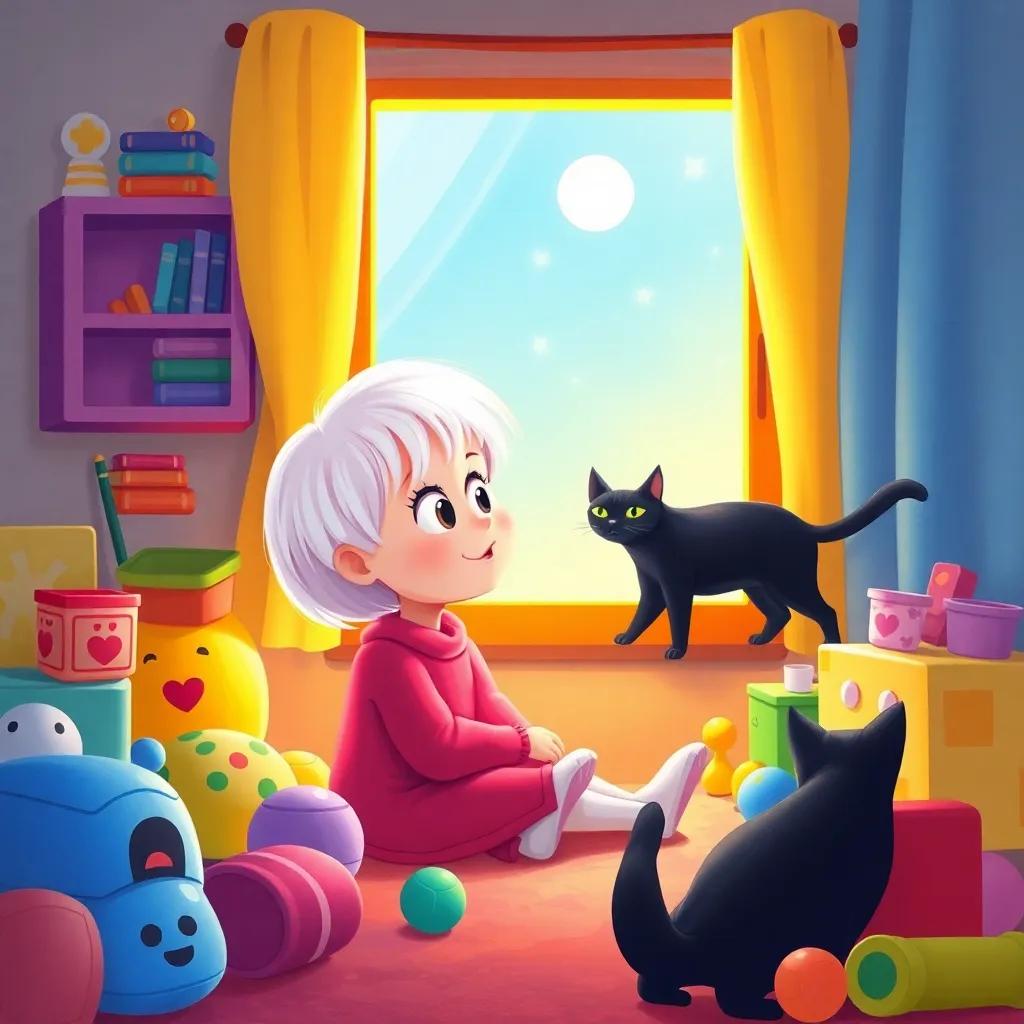 A young girl, Mila, with short white hair, sitting in a cozy room filled with colorful toys, looking surprised as a sleek black cat walks through the open window, digital art, vibrant colors, warm light, inviting atmosphere, high quality