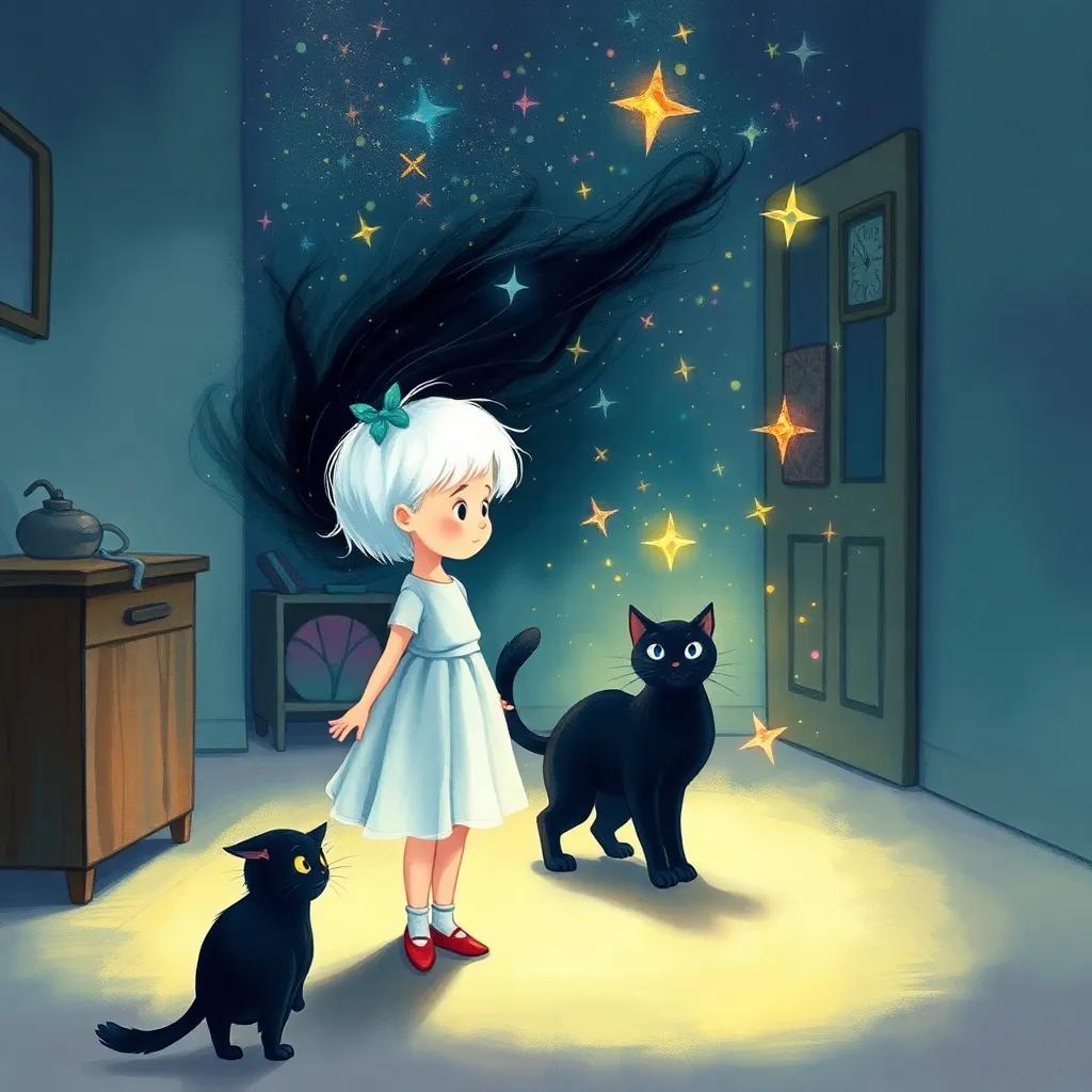 A magical moment where Mila, a young girl with short white hair, stands in a dimly lit room as her hair transforms into black, surrounded by colorful sparkles while the black cat slowly fades away, illustrations, bright magical hues, poignant atmosphere, high quality