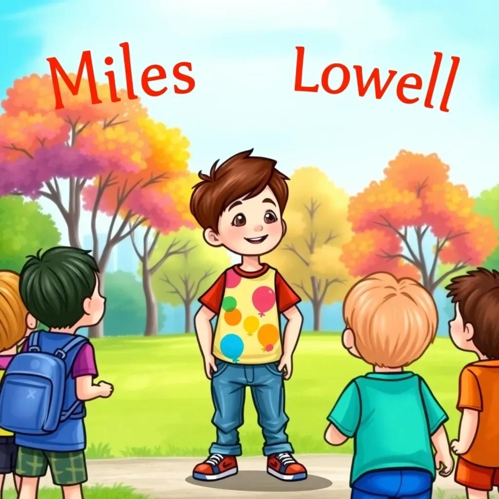 Miles Maude Lowell, a young boy with brown hair in a colorful t-shirt and jeans, at a park talking to children, colorful trees and a bright blue sky in the background, cheerful interaction, vibrant colors, child-friendly
