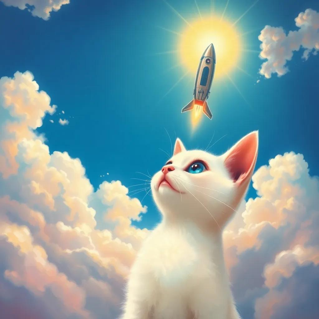 A little white cat named Milk with big curious eyes, looking up at a bright blue sky, with fluffy clouds and a shiny spaceship landing in front of him, cheerful, vibrant colors, captivating artwork, high quality