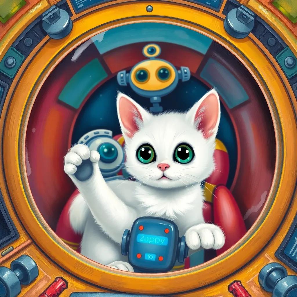Milk, the little white cat with big curious eyes, inside a colorful spaceship with a friendly robot named Zappy, smiling and waving, surrounded by fun controls and buttons, whimsical style, bright colors, engaging angle, cheerful atmosphere