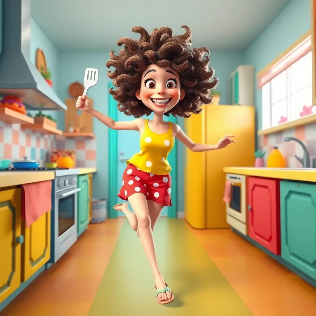 A funny woman, Milly, with wild curly hair and long abnormal leg hairs, running in her colorful kitchen, waving a spatula, wearing one flip flop, playful atmosphere, vibrant colors, cartoonish style, cheerful mood