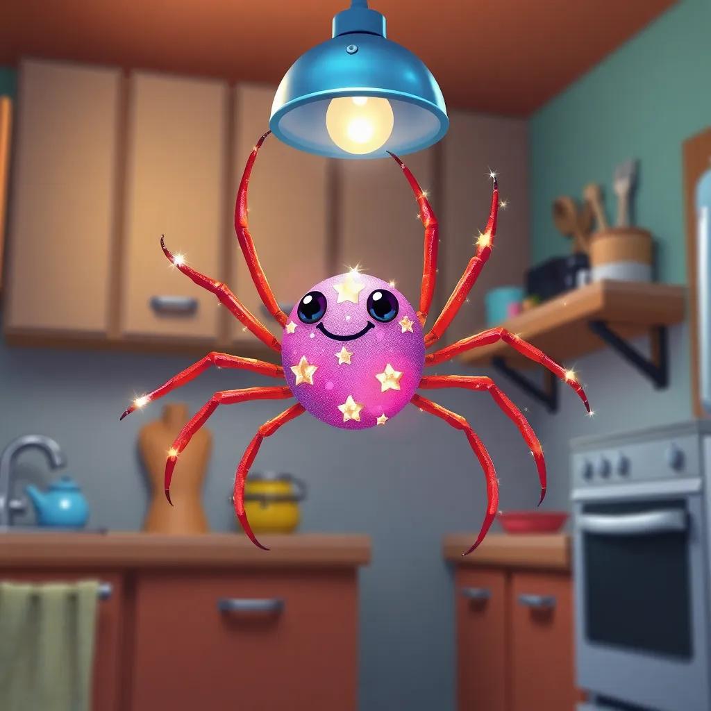 The star spider, tiny with shiny star-shaped patterns on its body, dancing around a light fixture in the kitchen, Milly's flip flop in the air, bright lights, whimsical, fun and playful vibe, high-quality illustration