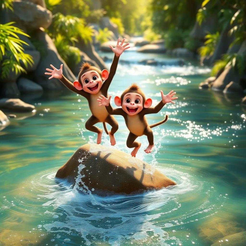 Two playful monkeys, Milo and Mango, leaping into a sparkling river from a big rock, splashing water around, surrounded by vibrant green nature, bright sunlight reflecting on water, child-friendly, fun perspective, high quality