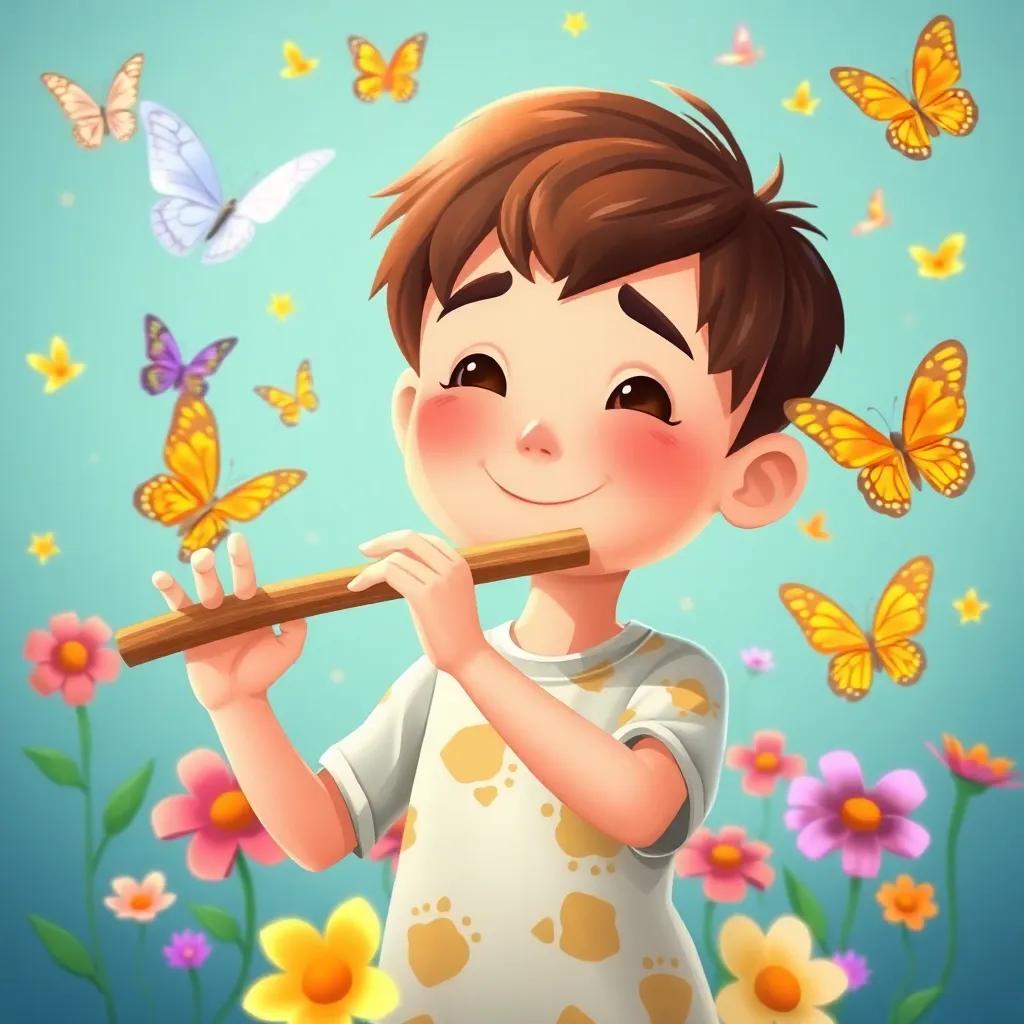 Milo, cheerful boy with short brown hair, playing a flute surrounded by colorful butterflies dancing, bright flowers around, joyful expression, illustration, cheerful, child-friendly