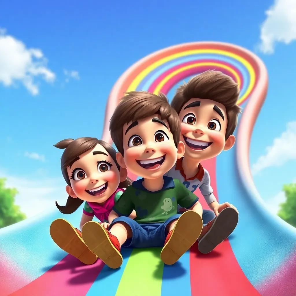 Milo with friends Mia and Leo, smiling as they slide down a giant rainbow slide created by music, bright blue sky, laughter and joy in their faces, digital painting, fun and colorful