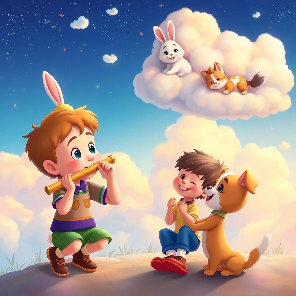 Milo playing a gentle tune on the flute, fluffy clouds transforming into playful animal friends like a bunny, kitten, and puppy, kids laughing and playing, magical atmosphere, illustration, vibrant