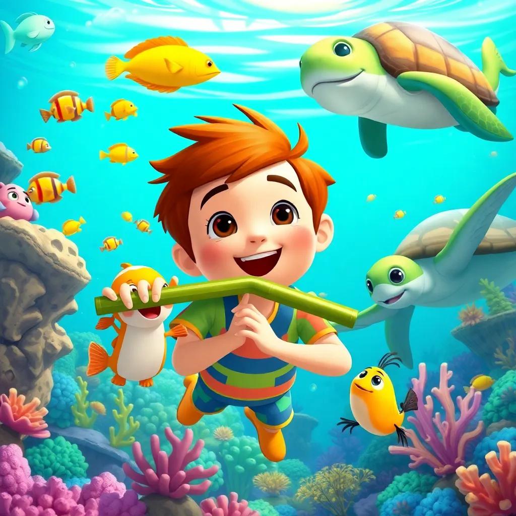 Milo and friends swimming joyfully with colorful fish and coral reefs, Milo playing the flute underwater, a big turtle nearby, bright and cheerful underwater scene, digital art, lively colors