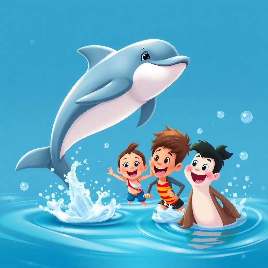 A graceful dolphin leaping out of the water next to Milo and friends, inviting them to race, happy expressions, bubbles surrounding them, energetic and playful, illustration, cheerful