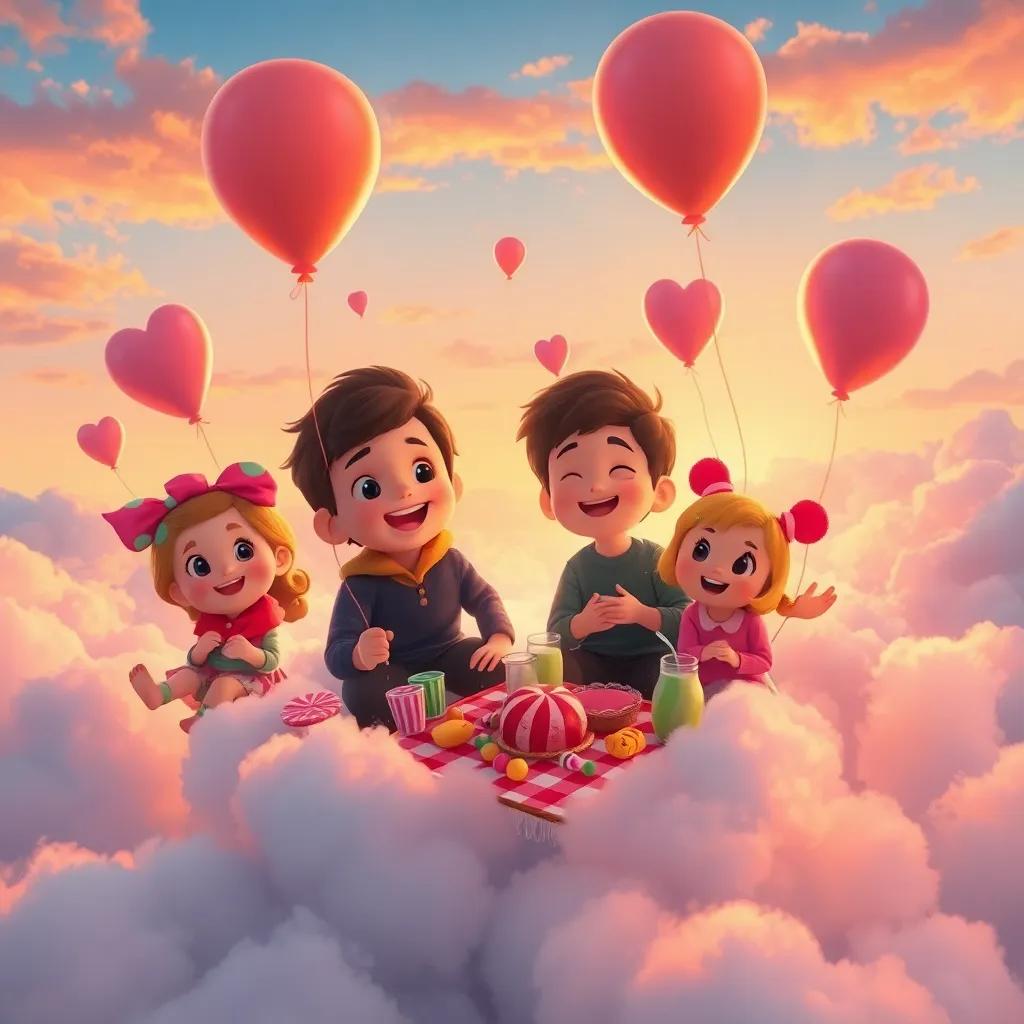 Milo and friends floating on fluffy clouds with balloons and a picnic full of candy, sweets and drinks, sunset colors in the sky, magical and joyful atmosphere, digital painting, warm light