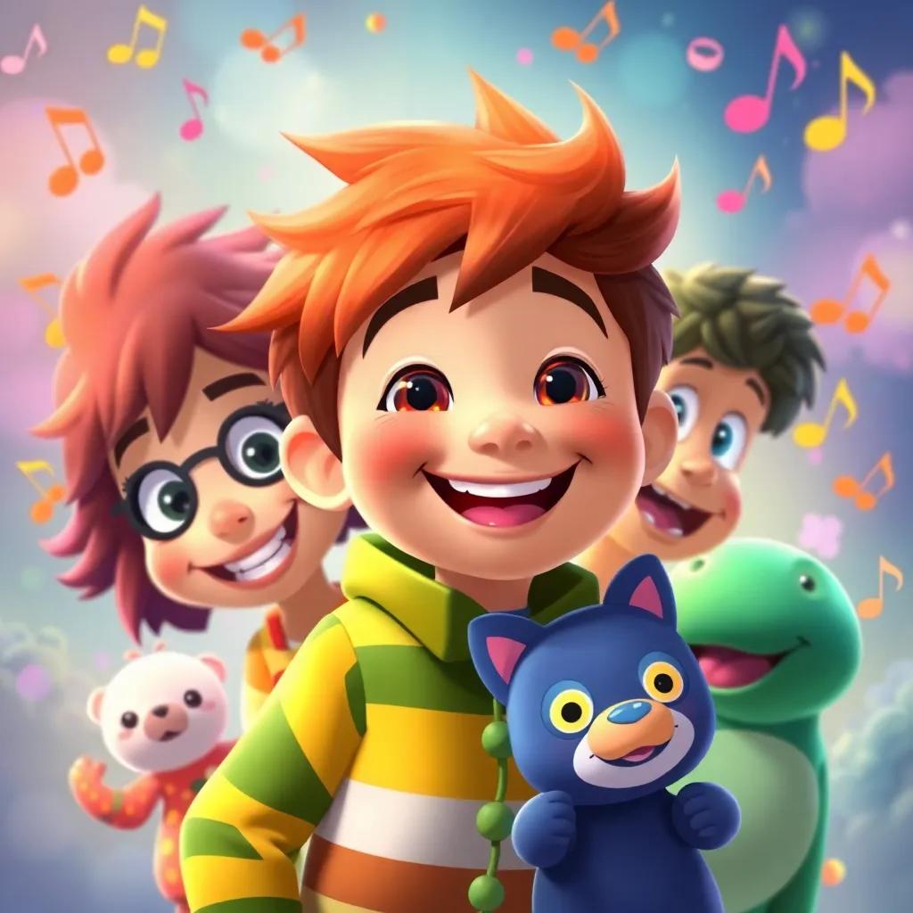 Milo, smiling with his friends, surrounded by colorful music notes and dream illustrations, capturing the feeling of adventure and fun, digital art, vibrant, joyful