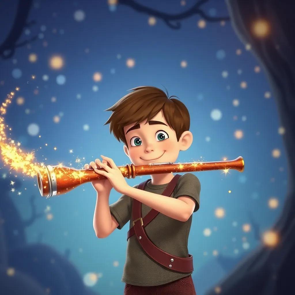 Milo, a cheerful boy with short brown hair, playing the glittering old flute, the scene filled with sparkles and magic, inviting the viewer to join the adventure, artistic and imaginative, illustration, lively
