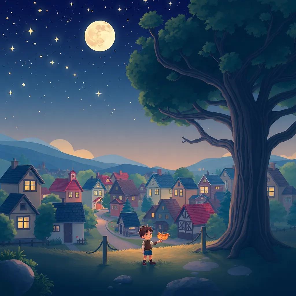 A cozy little town at night, with a clear sky filled with stars, a small boy named Milo, curious and adventurous, standing under a giant tree, illustration, whimsical, soft moonlight, vivid colors, cheerful, inviting