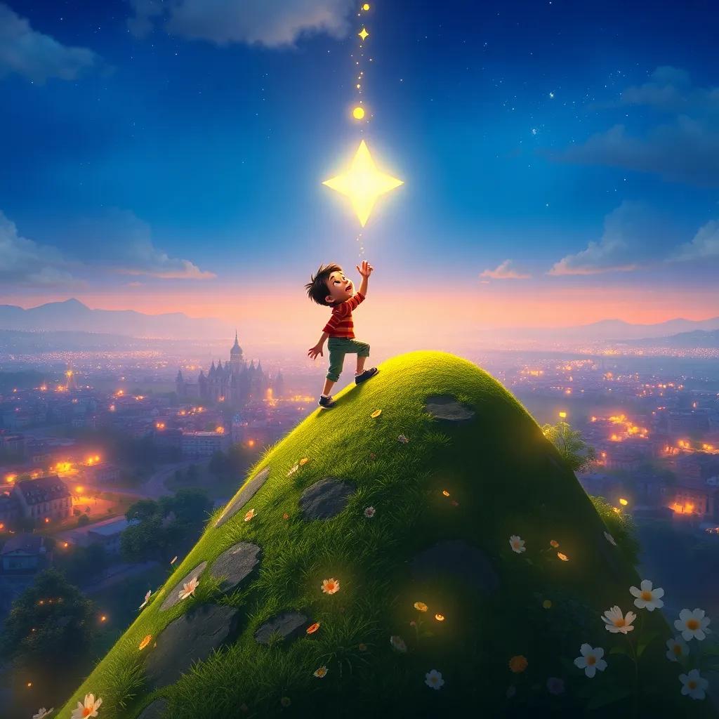 A high hill overlooking the town, Milo climbing up excitedly, a bright star falling from the sky towards him, surrounding nature with flowers and glowing lights, digital art, dynamic, high quality, enchanting atmosphere