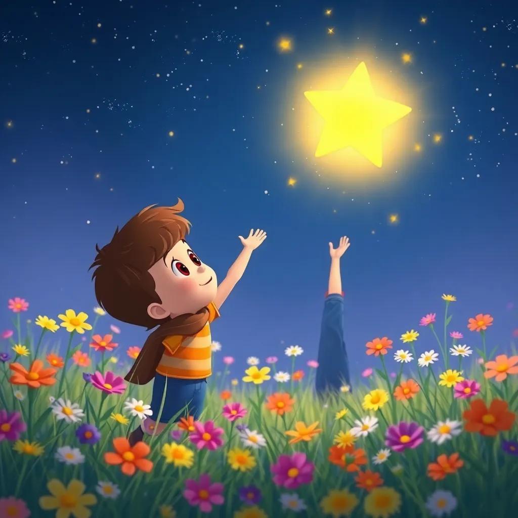 Milo reaching the sparkling star, Twinkle, a small round star glowing warmly, tiny sparkles dancing around it, in a meadow filled with colorful flowers, digital illustration, bright and colorful, inviting and friendly, high quality