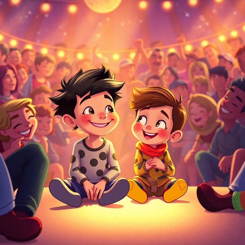 Milo and Twinkle sitting together, Milo looking happy, crowds of friends around them laughing and dancing, soft warm light from Twinkle illuminating their faces, vibrant colors, joyful atmosphere, high quality illustration