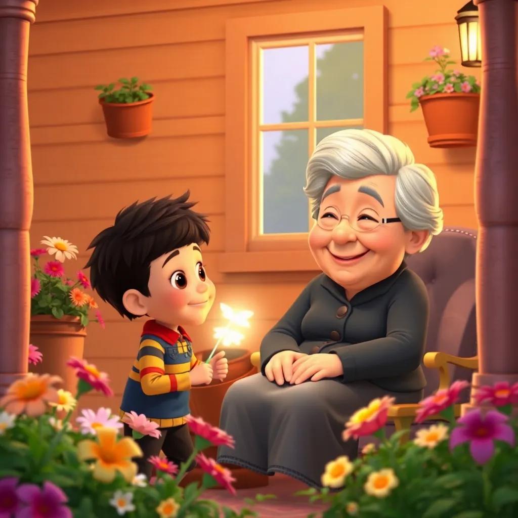 Milo and Twinkle visiting Mrs. Jenkins, an elderly woman with a warm smile, sitting on her porch with a blooming garden, Twinkle glowing softly, details of flowers and cozy home, colorful, inviting atmosphere, high quality
