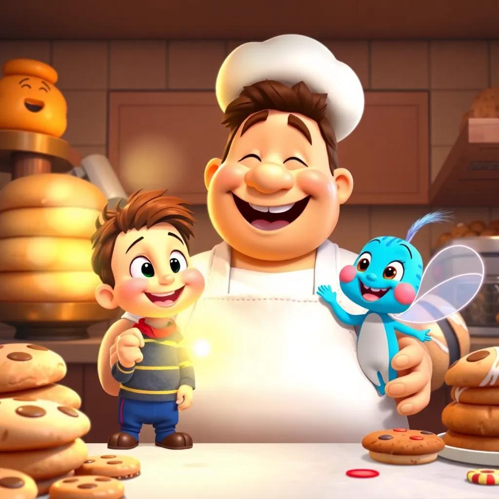 Milo and Twinkle with Mr. Dough, a cheerful baker with a white apron, surrounded by baked goodies and cookies, Twinkle lighting up the scene, joyful expressions on everyone's faces, detailed, warm and cheerful, high quality