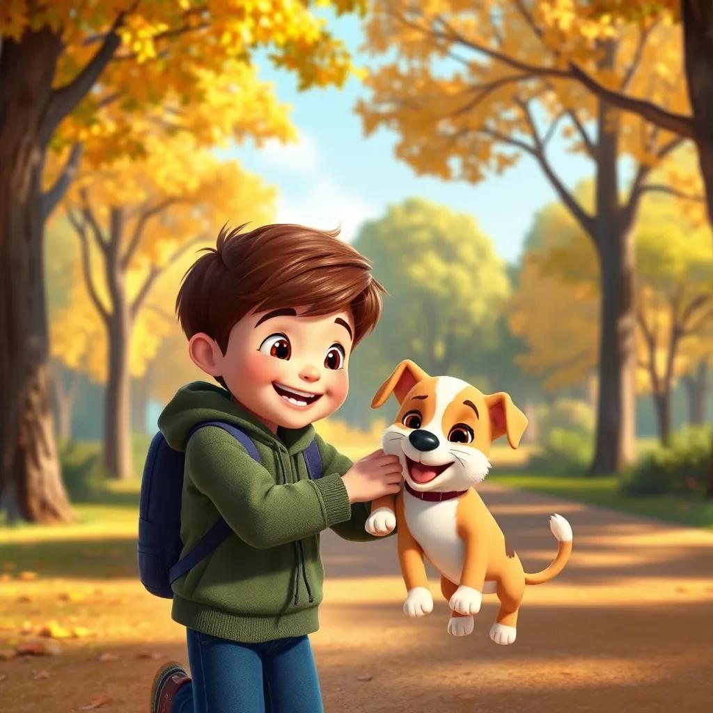 Milo holding Twinkle while helping a lost puppy, trees and park background, the warmth of kindness visible through their smiles, vibrant and hopeful colors, heartwarming scene, high quality