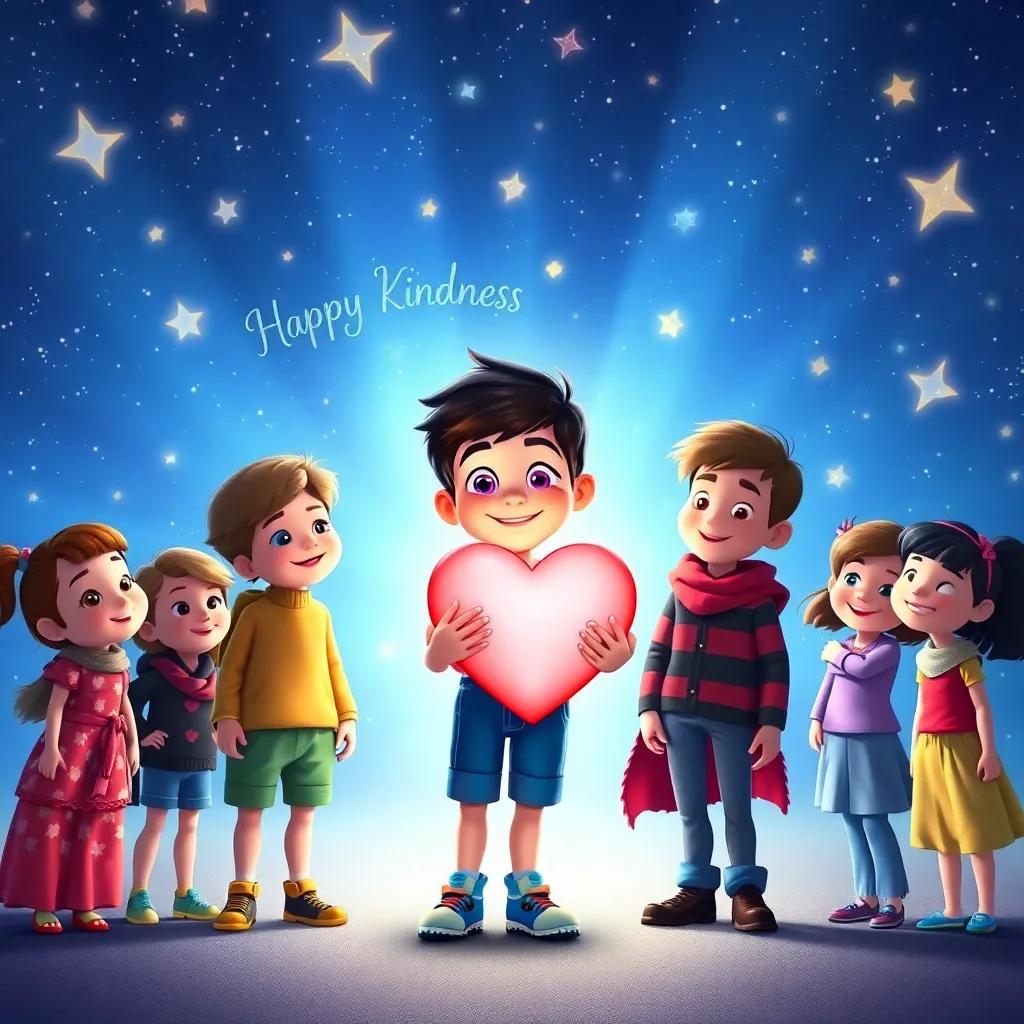 Milo with an oversized heart, standing with friends, light shining all around them under the stars, celebrating kindness and love, bright and vibrant colors, uplifting atmosphere, high quality