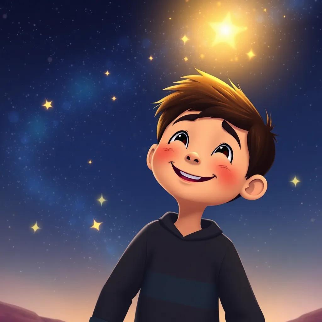 Twinkle glowing brightly above Milo, beautiful starry sky with constellations, Milo smiling and surrounded by light, a sense of warmth and nostalgia, vibrant colors, heartwarming illustration, high quality