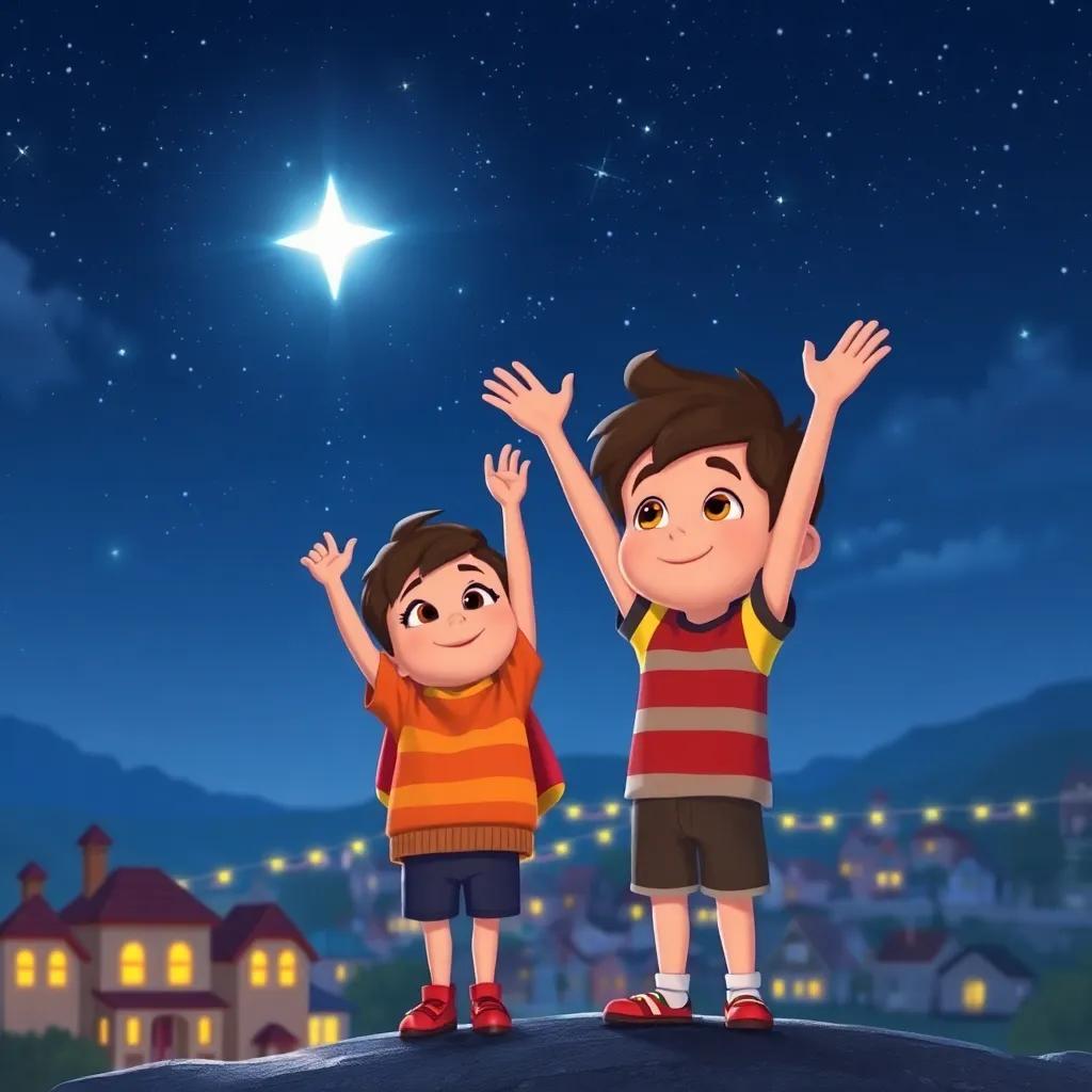 Twinkle returning to the sky, Milo standing with arms raised looking up, bright sparkling star in the sky, the town below lit up, cute and enchanting, inspiring, high quality