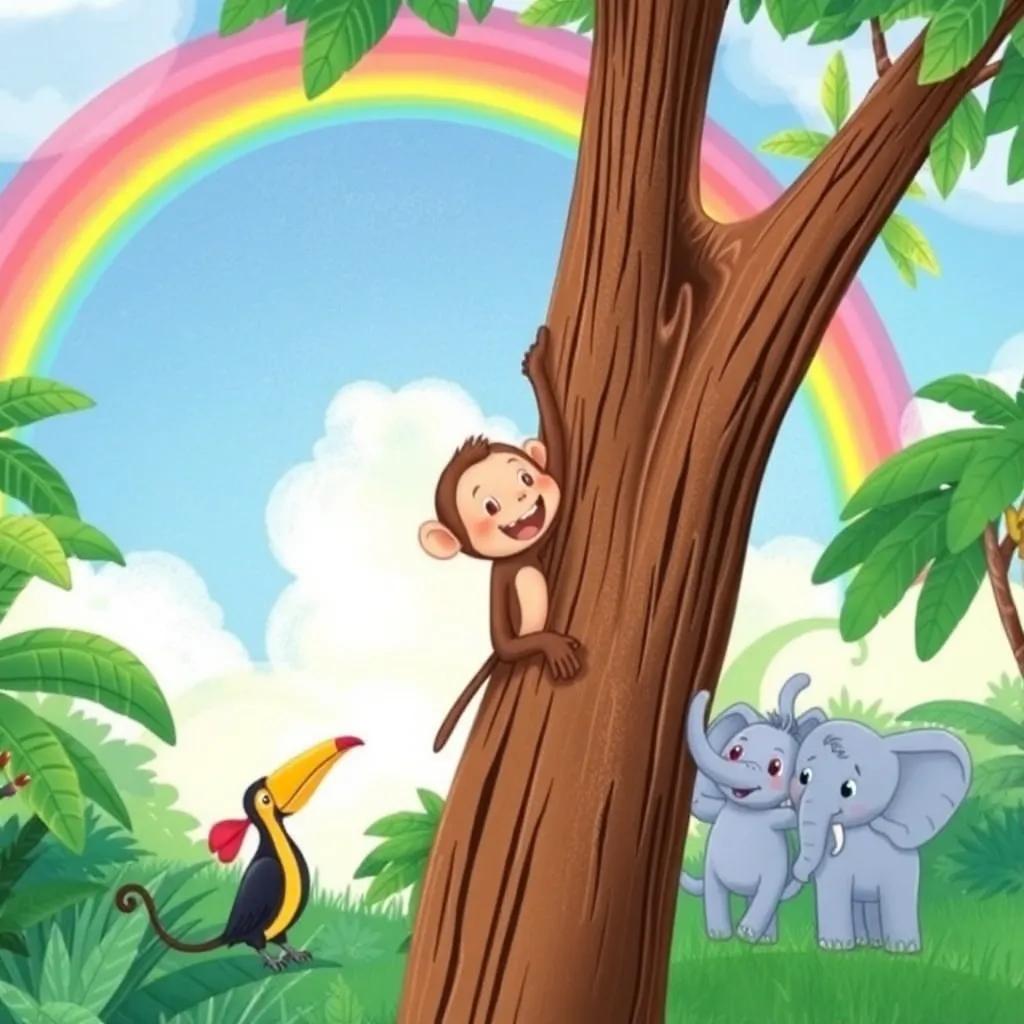 Milo the monkey, climbing a tall tree with a stunning rainbow in the background, his friends Tessa the toucan and Benny the baby elephant cheering him on, illustration, cheerful and adventurous, colorful jungle scenery