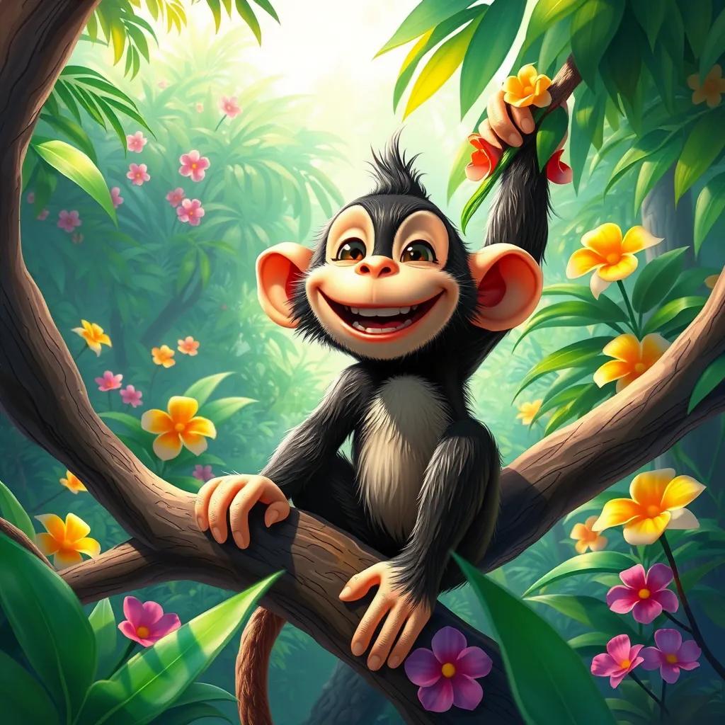 A happy monkey named Milo with a big smile, sitting on a tree branch in a lush green jungle, surrounded by colorful flowers and vibrant plants, digital art, bright colors, cheerful atmosphere