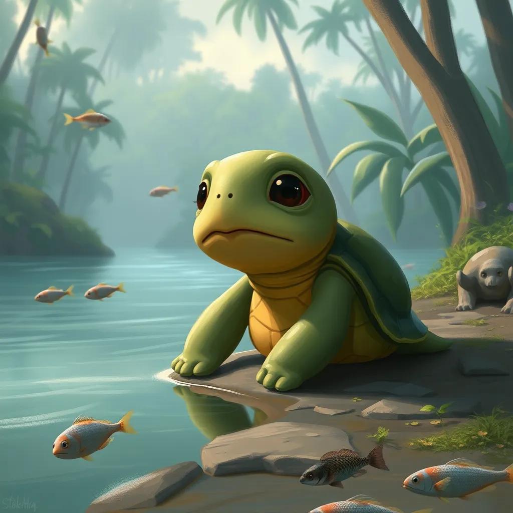 A sad turtle named Tilly sitting by a riverbank with droopy eyes, looking at the water with fish swimming happily, the jungle in the background, digital art, soft colors, emotional tone