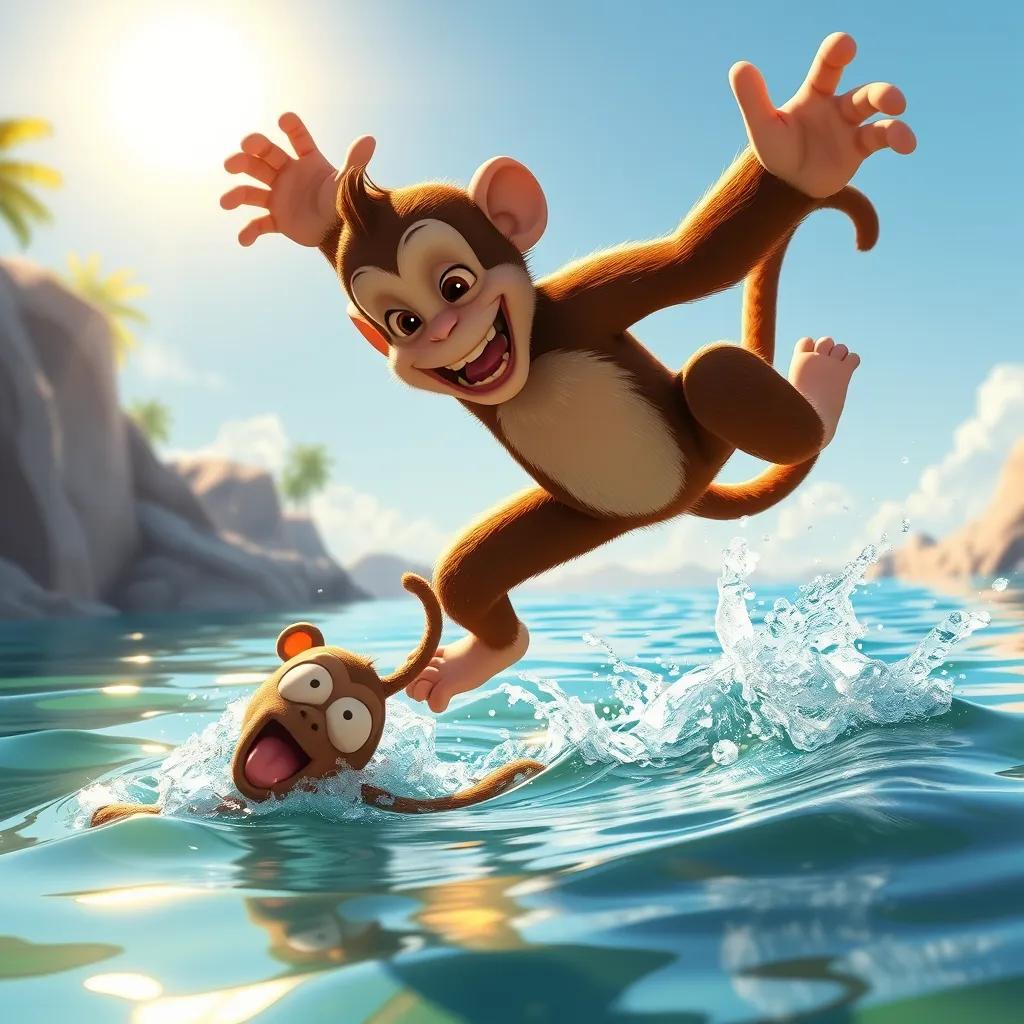 Milo the monkey jumping joyfully in the water, splashing happily, showing Tilly how to swim, with a bright sunny sky above, digital art, energetic scene, vivid colors
