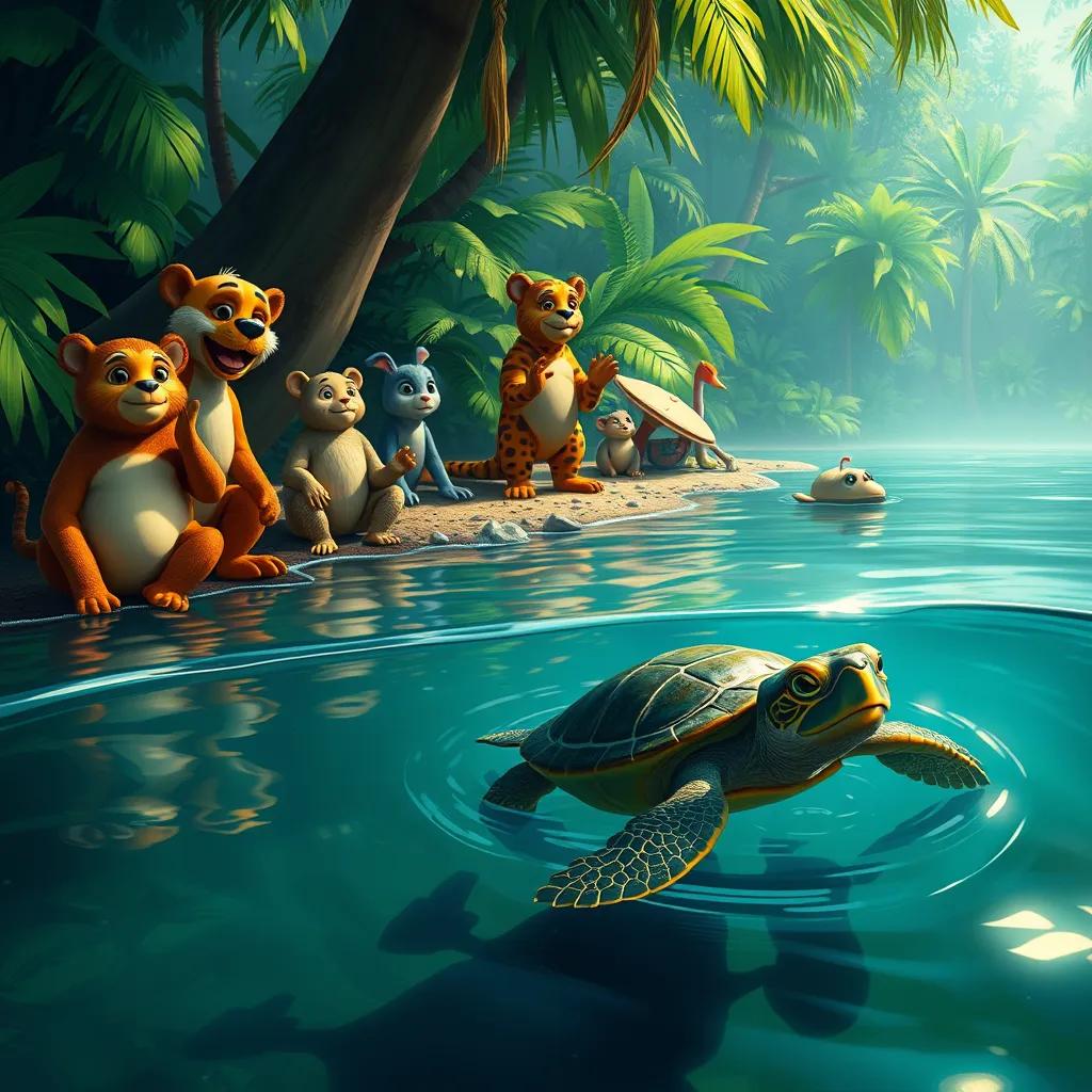 Tilly the turtle swimming gracefully in the water, with other jungle animals cheering on the shore, Milo clapping his hands, vibrant jungle scene, digital art, festive atmosphere
