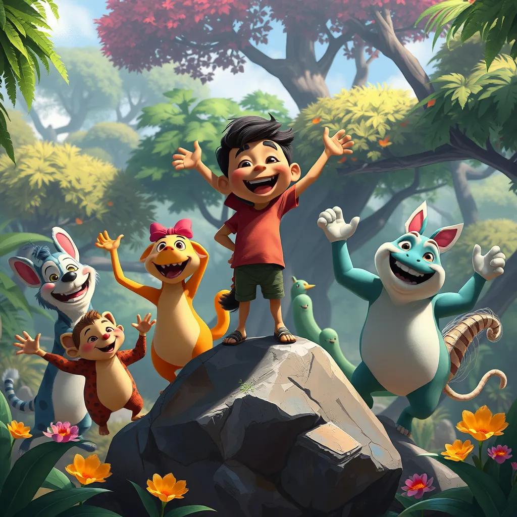 Milo standing proudly on a rock surrounded by his jungle friends, who are dancing and having fun, joyous expressions, colorful background with trees and flowers, digital art, lively and cheerful vibe