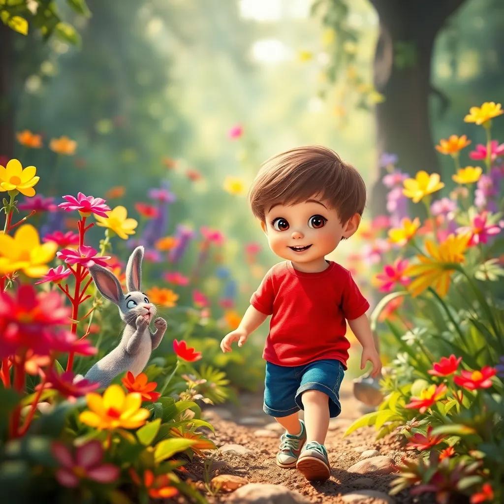 Milo, a curious little boy with short brown hair, wearing a bright red t-shirt and blue shorts, stepping into a magical garden filled with colorful dancing plants, a friendly rabbit hopping nearby, smiling at Milo, bright sunlight filtering through, enchanting scene, digital art, vivid colors, whimsical style, high quality