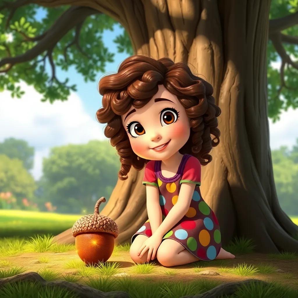 A young girl named Mimi, with curly brown hair wearing a colorful dress, kneeling by a sparkling acorn under a tall oak tree, bright sunny day, vibrant colors, cheerful atmosphere, detailed digital art