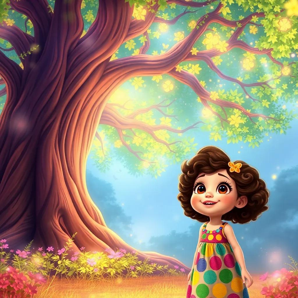 Mimi, a young girl with curly brown hair in a colorful dress, standing beside a magnificent magical tree with shimmering leaves, her eyes wide with amazement, bright colors, joyful scene, digital illustration