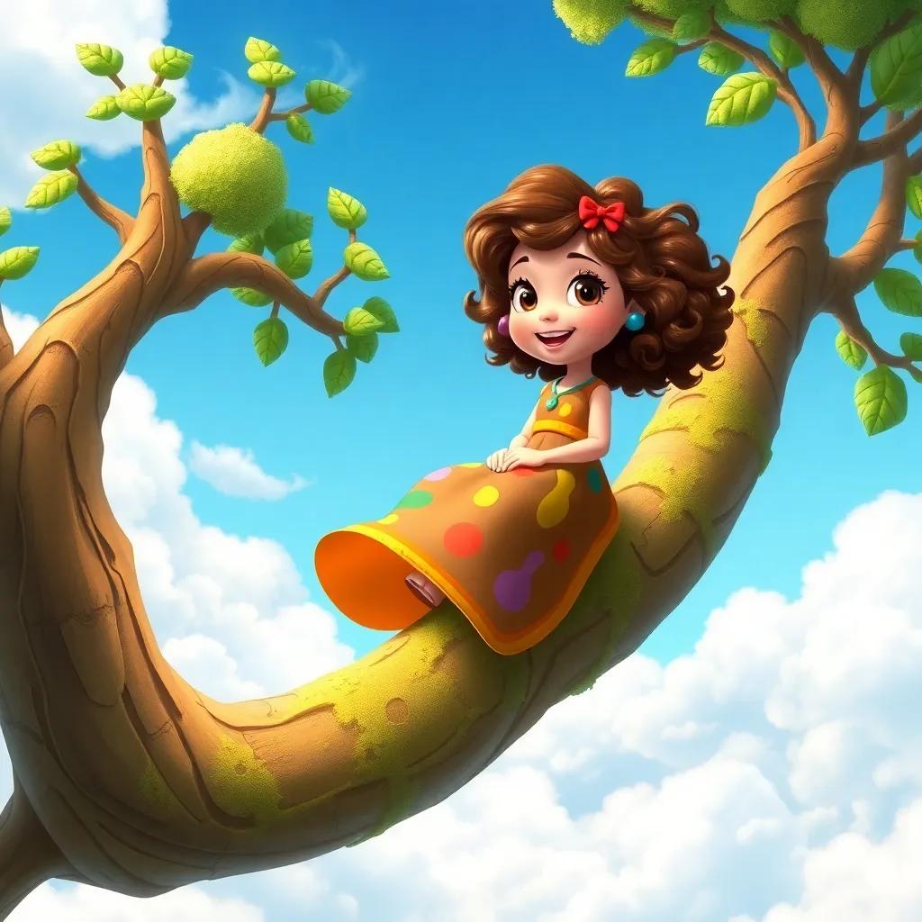 Mimi, with curly brown hair and colorful dress, riding on a vine path created by the magical tree, soaring high in the sky, surrounded by fluffy clouds and blue sky, cheerful atmosphere, adventure feel, vibrant illustration