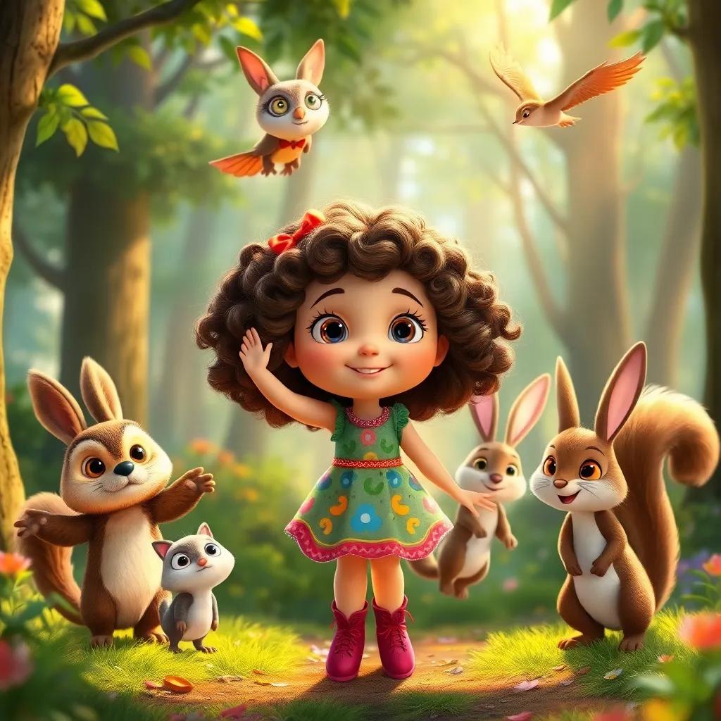 Mimi, with curly brown hair and colorful dress, landing in the Enchanted Forest, greeted by woodland friends, Oliver the wise owl, Bella the kind bunny, Sammy the playful squirrel, colorful forest scene, warm light