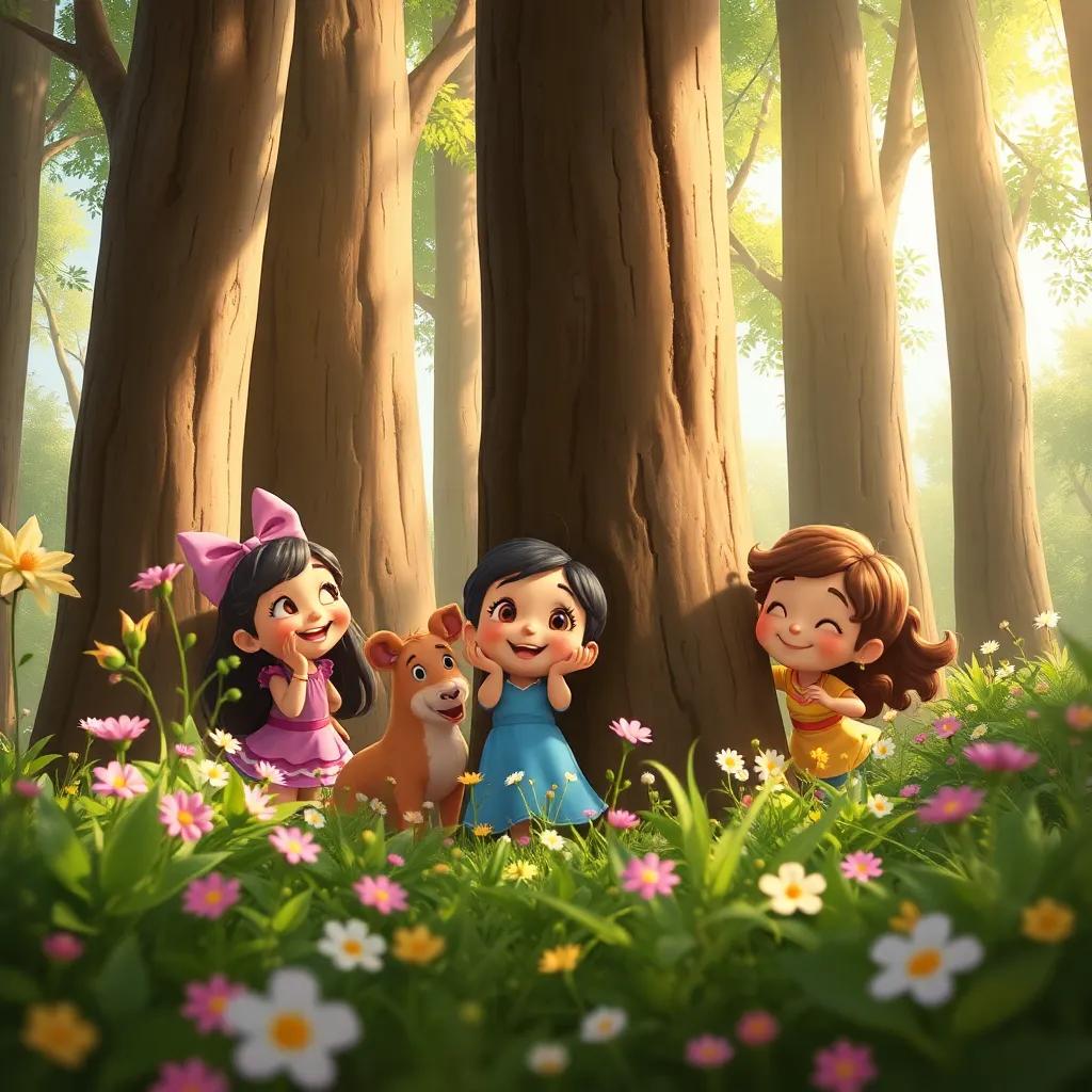 Mimi and her friends playing hide-and-seek among tall trees, laughter filling the air, surrounded by flowers and greenery, joyful expressions, heartwarming scene, digital art, child-friendly